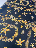 Navy Chiffon Satin Fabric with Starfish & Seashell Print - Whotex Fabrics London