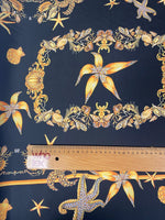 Navy Chiffon Satin Fabric with Starfish & Seashell Print - Whotex Fabrics London