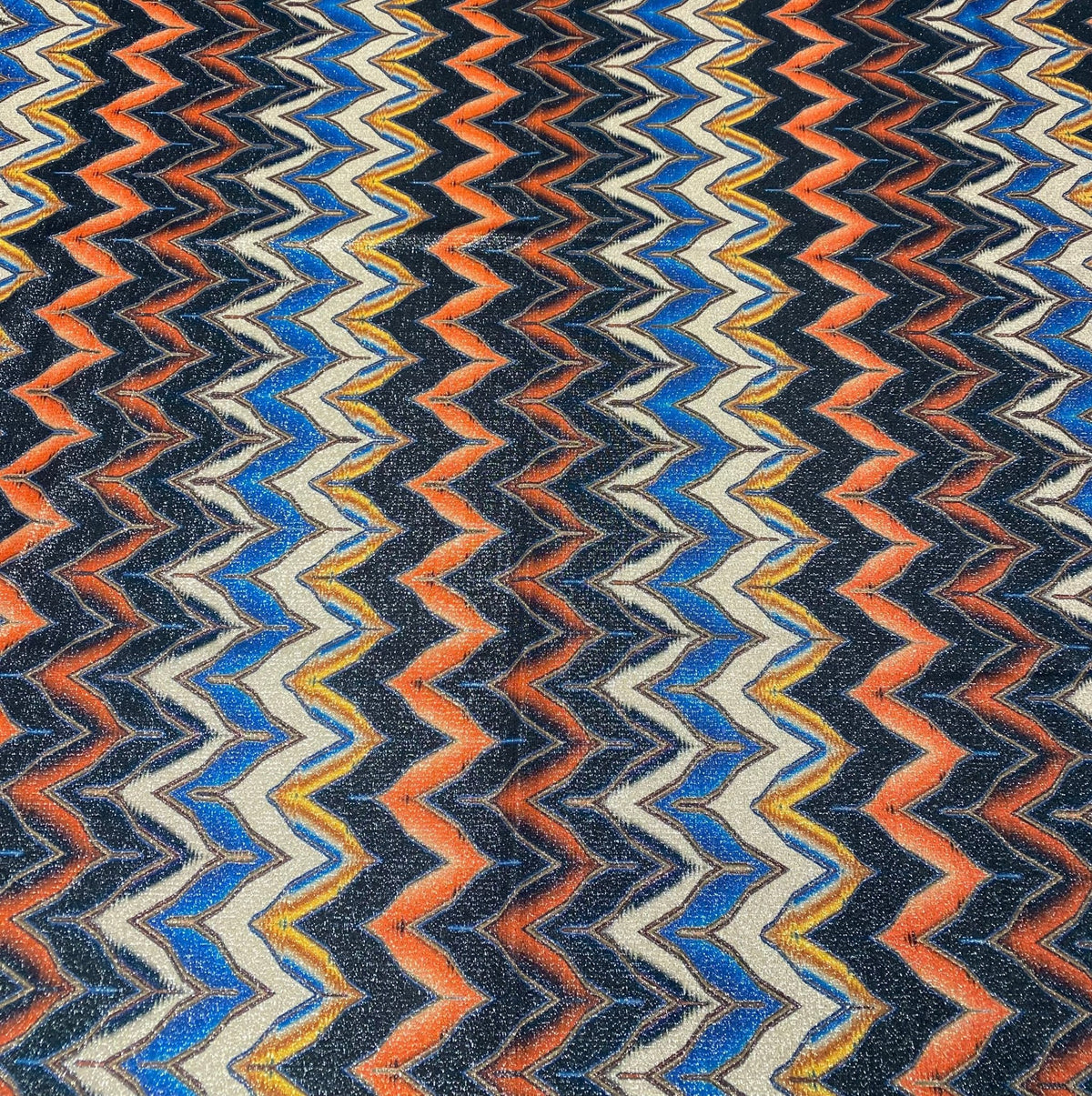 Orange Blue Zigzag Lurex Fabric with Shimmer by the Metre - Whotex Fabrics London