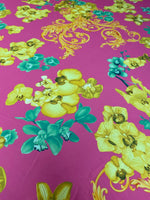 Orchid Floral Crepe Fabric by the Metre – Pink Yellow & Green Flowers - Whotex Online Fabric Store