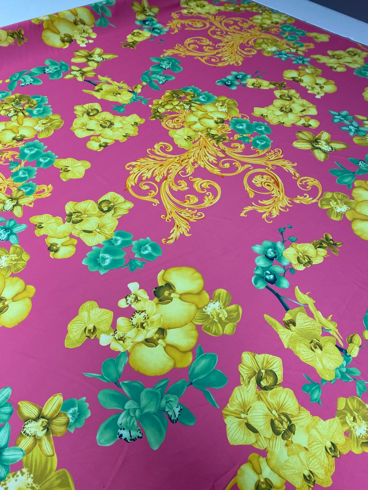 Orchid Floral Crepe Fabric by the Metre – Pink Yellow & Green Flowers - Whotex Online Fabric Store