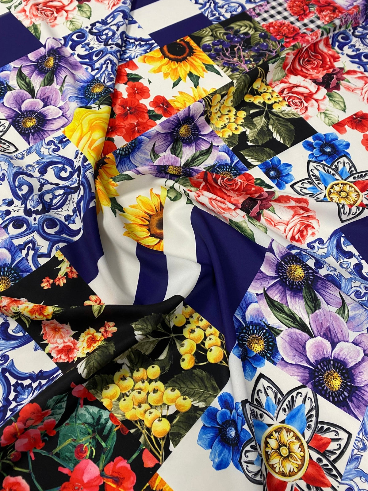 Patchwork Floral Crepe Fabric by the Metre – Colourful & Unique - Whotex Fabrics London