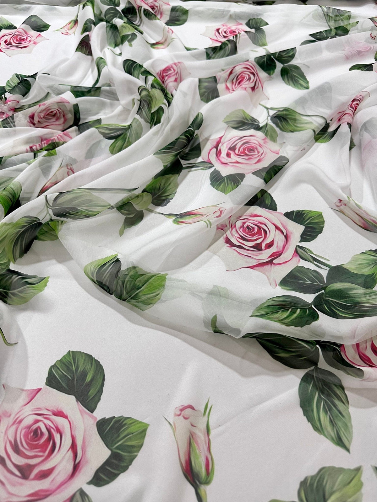 Pink Rose Pattern fabric, Floral pattern fabric, Silky Satin - Silky crepe - Polysilk Chiffon - Whotex Online Fabric Store