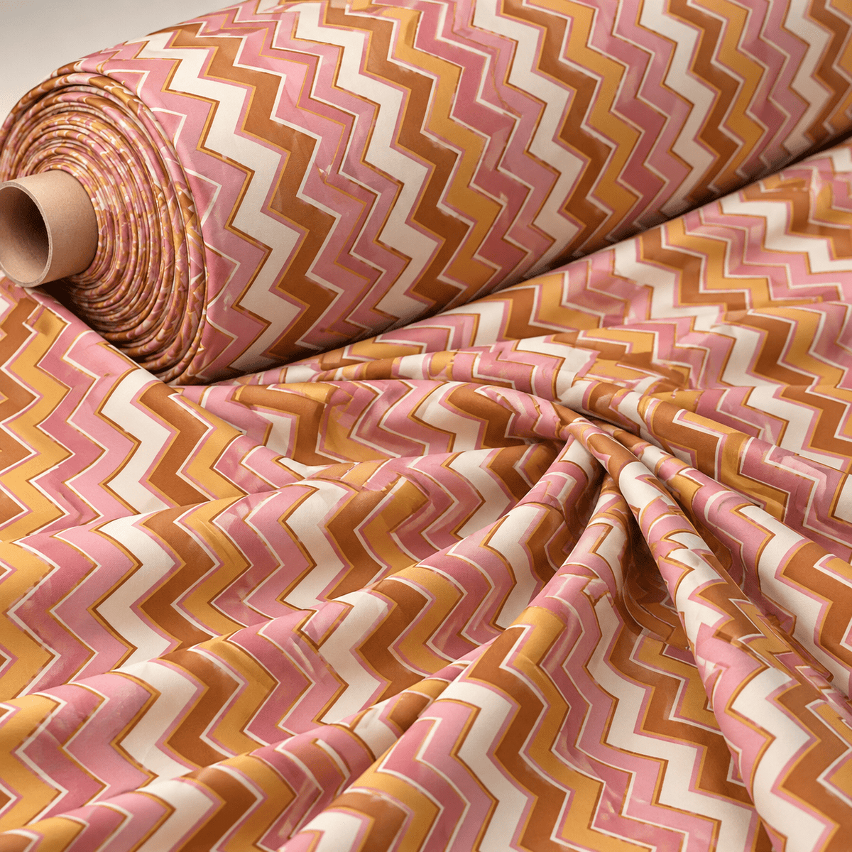 Pink Yellow Zigzag Shimmer Fabric by the Metre - Whotex Fabrics London