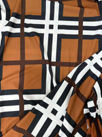 Brown and white striped plaid fabric with cotton texture and 150cm width for sewing and crafting projects