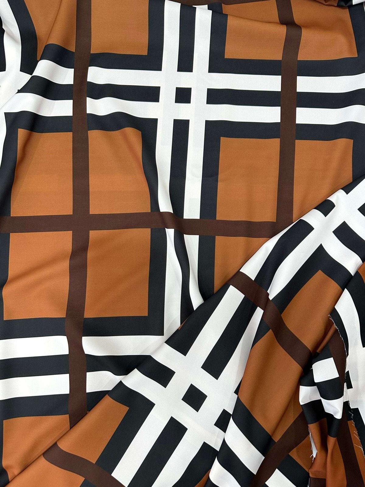 Brown and white striped plaid fabric with cotton texture and 150cm width for sewing and crafting projects