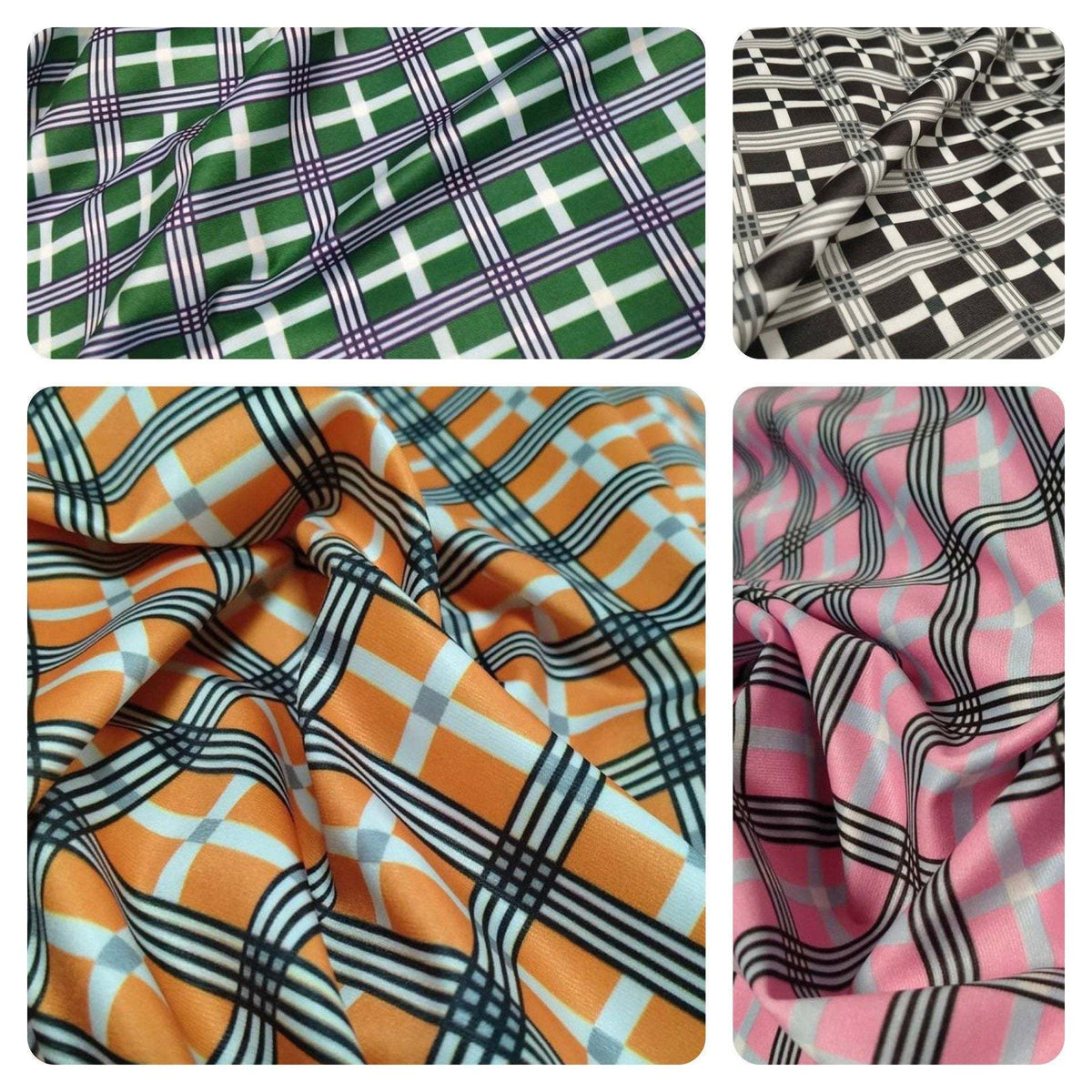 Collage of 4-way stretch plaid fabric in green, black and white, orange, and pink color variants with a 150cm width
