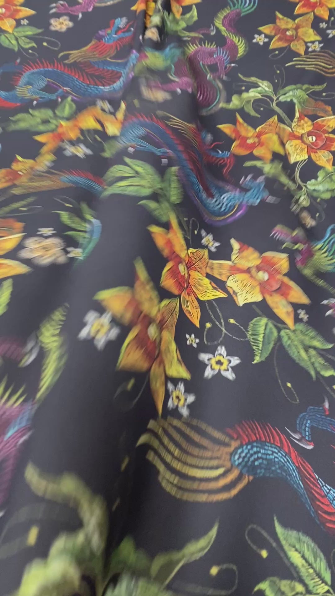 Dragon & Floral Crepe Fabric by the Metre – Black Multicolour featuring vibrant floral and dragon motifs.