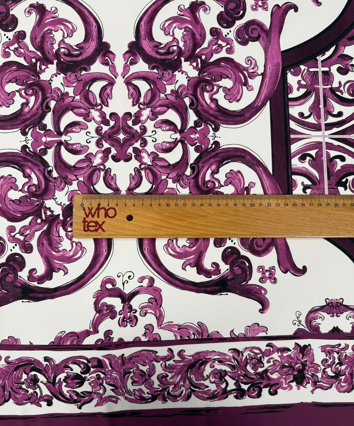 Purple Baroque Print Crepe Fabric by the Metre - Whotex Fabrics London