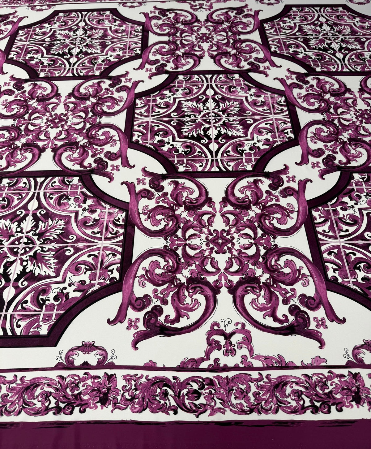 Purple Baroque Print Crepe Fabric by the Metre - Whotex Fabrics London