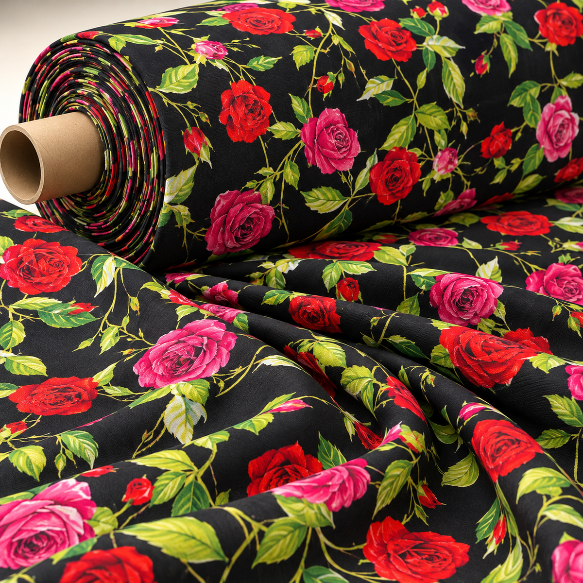 Red & Pink Rose Crepe Fabric by the Metre - Whotex Fabrics London