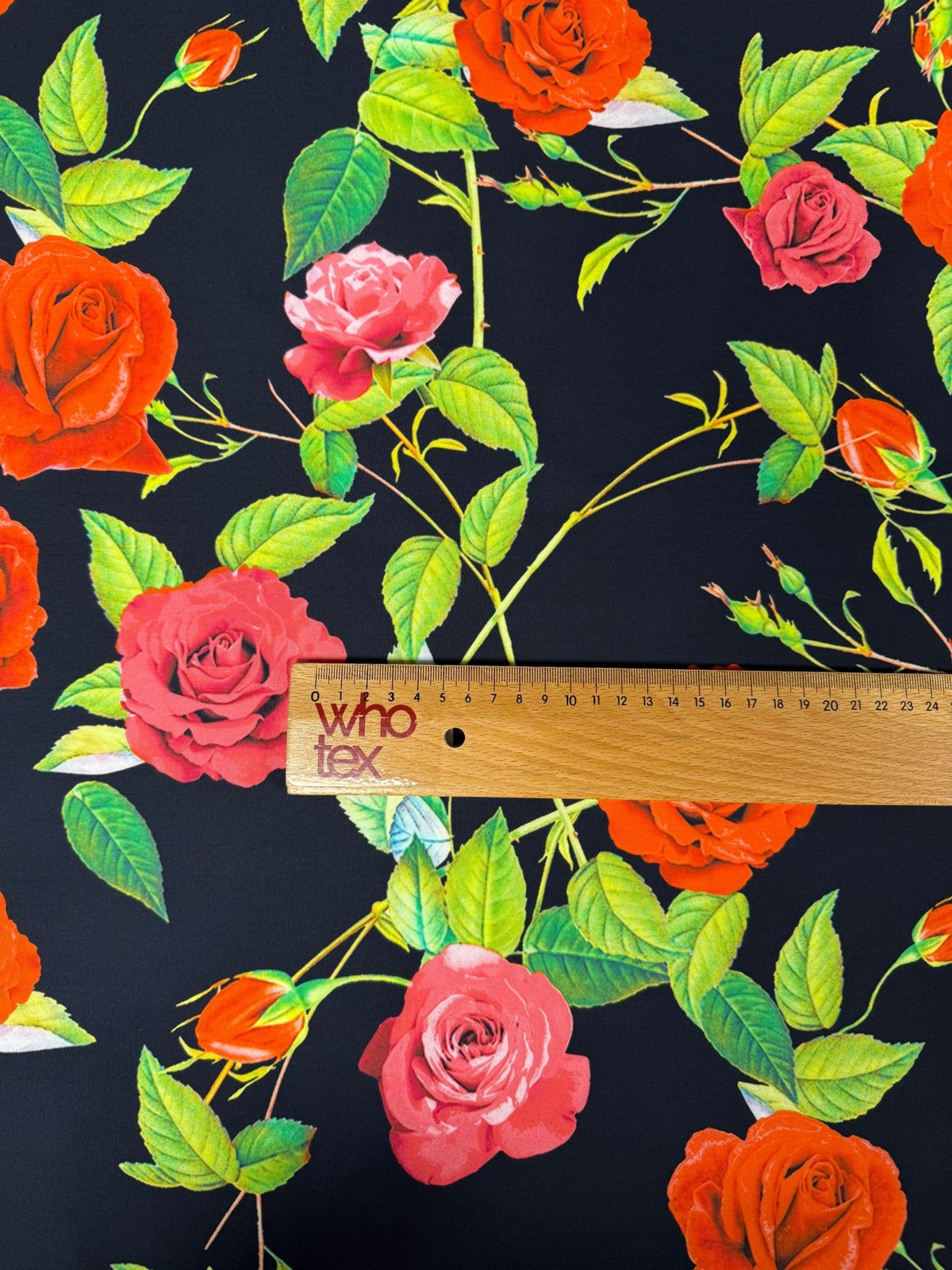 Red & Pink Roses on Black Organic Cotton Poplin Fabric by the Metre - Whotex Fabrics London