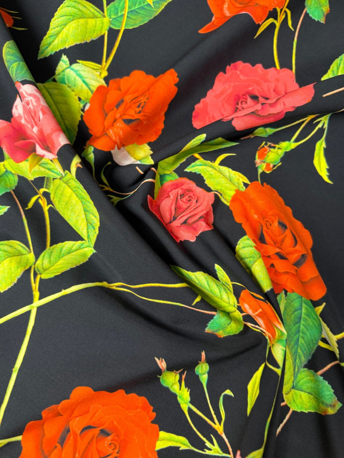 Red & Pink Roses on Black Organic Cotton Poplin Fabric by the Metre - Whotex Fabrics London