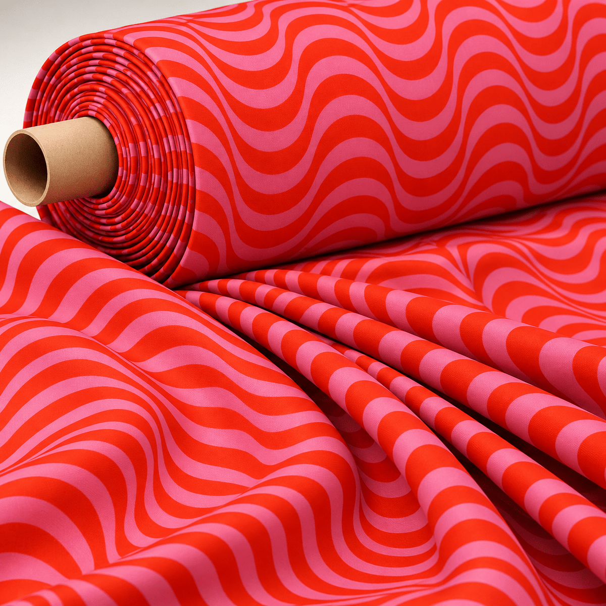 Red Pink Wavy Stripe Lycra Stretch Fabric by the Metre - Whotex Fabrics London