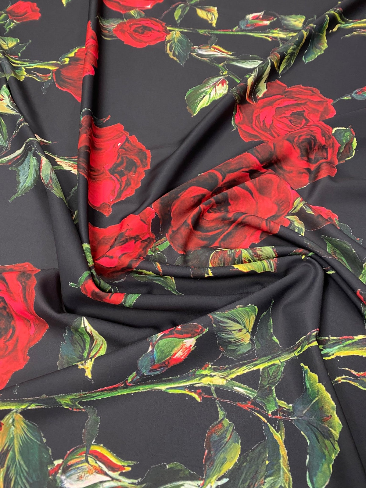 Red Rose Floral Crepe Fabric by the Metre - Whotex Fabrics London