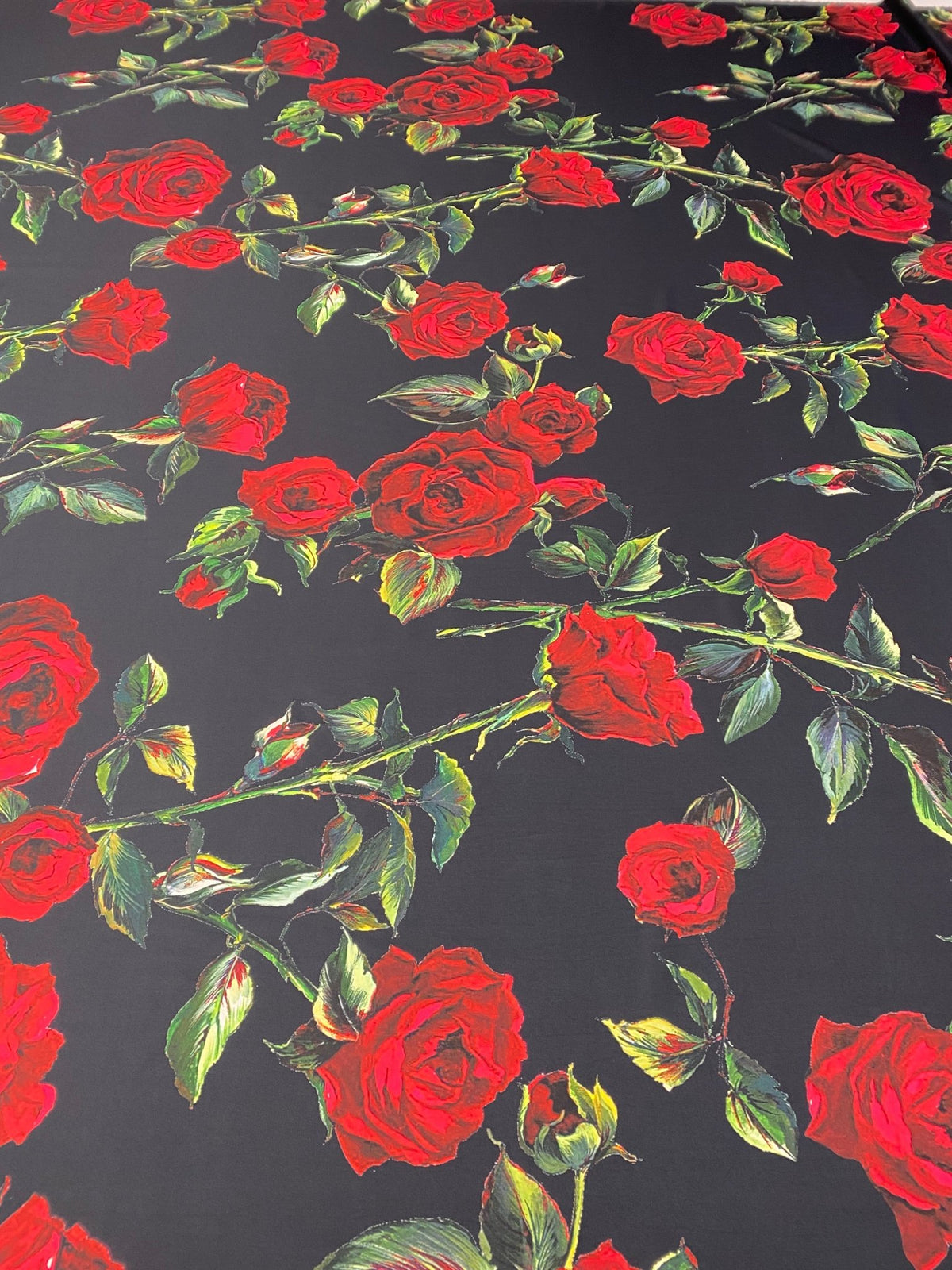 Red Rose Floral Crepe Fabric by the Metre - Whotex Fabrics London