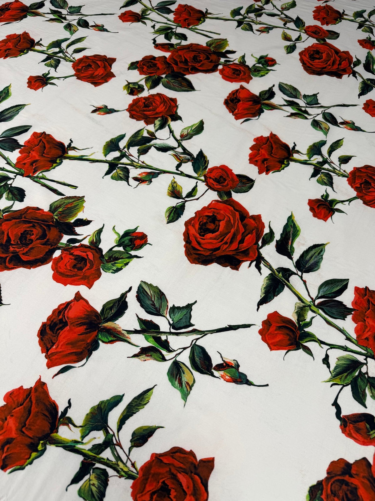 Red Rose Floral on White Organic Cotton Poplin Fabric by the Metre - Whotex Fabrics London