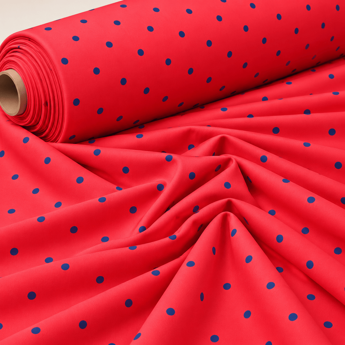 Red with Royal Blue Polka Dot Satin Fabric by the Metre - Whotex Fabrics London