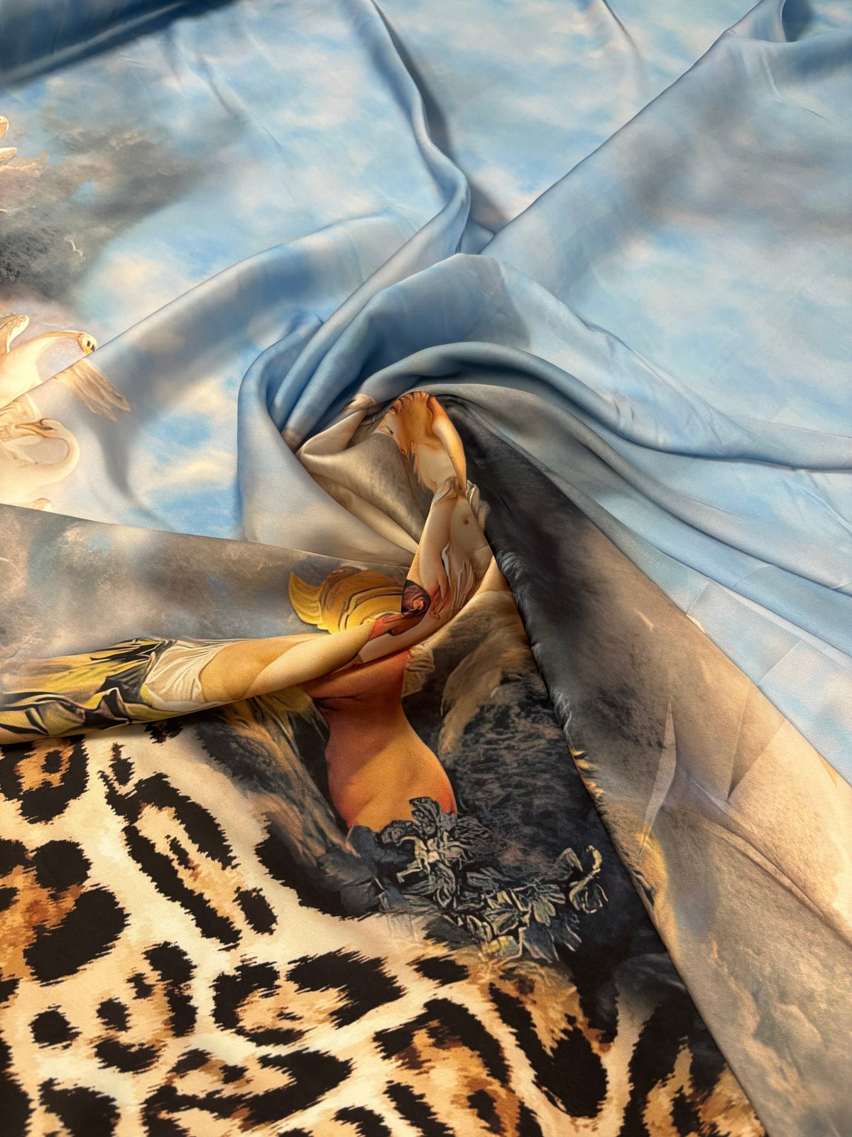 Renaissance Art & Leopard Print Chiffon Satin Fabric by the Metre - Whotex Online Fabric Store