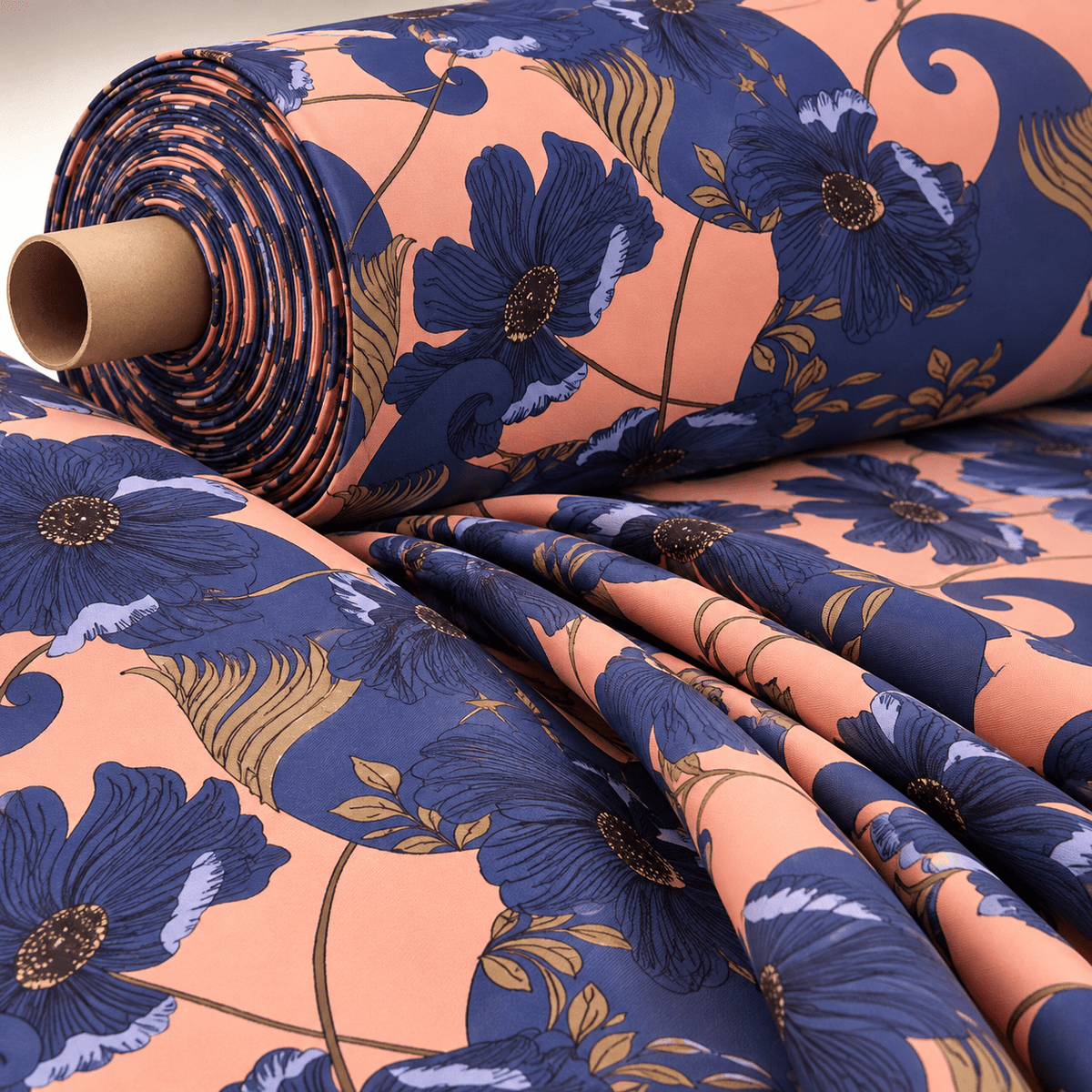 Retro Style Blue Floral on Peach Background Fabric By Metre - Whotex Fabrics London