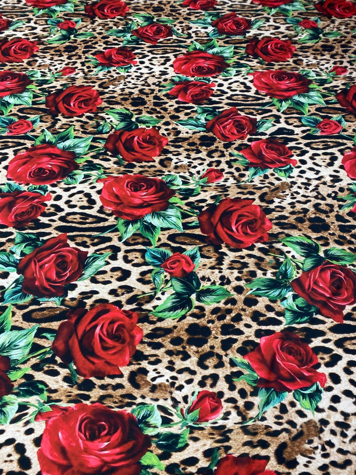 Rose & Leopard Print Lycra Stretch Fabric by the Metre - Whotex Fabrics London
