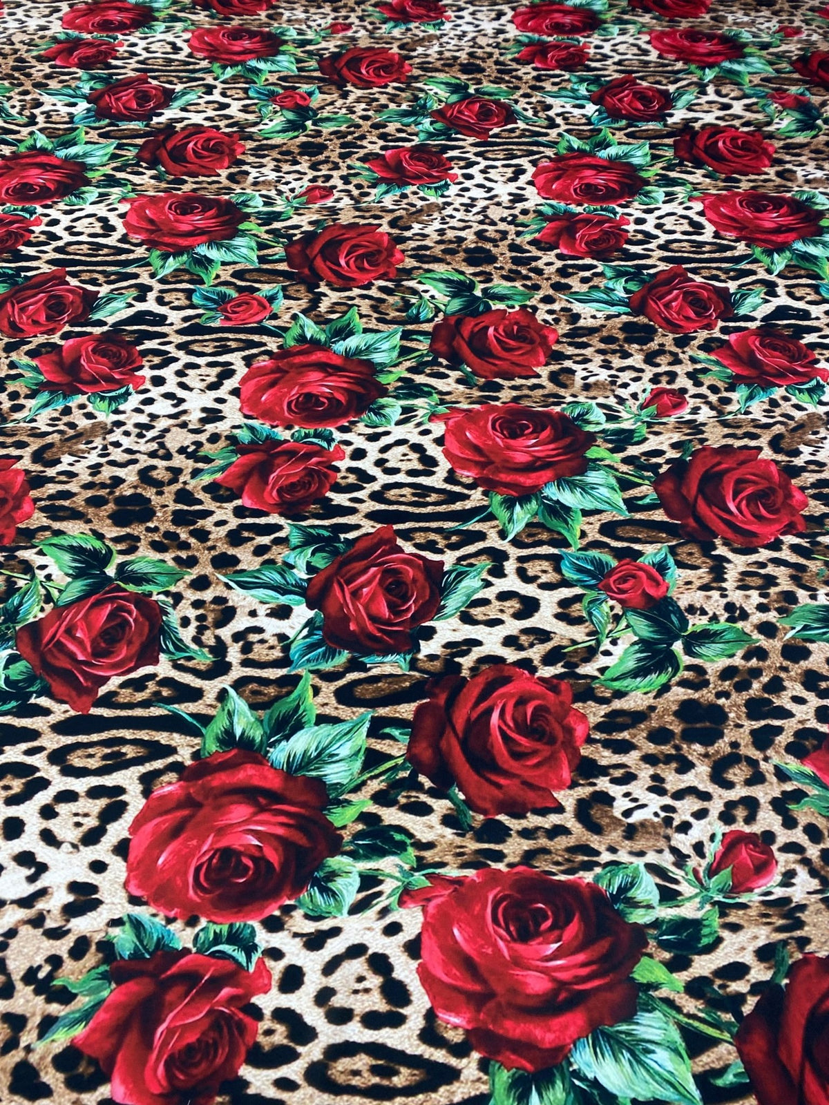 Rose Print Leopard Crepe Fabric by the Metre - Whotex Fabrics London