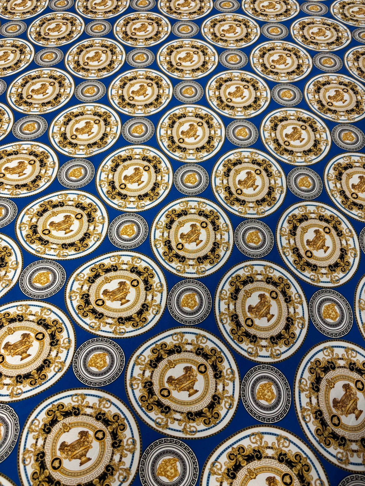 Royal Blue & Gold Chiffon Satin Fabric by the Metre – Baroque Medallion - Whotex Online Fabric Store