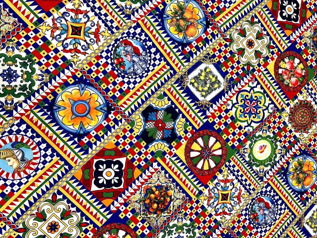 Sicilian Pattern Italian Fabric featuring vibrant, intricate geometric and floral designs in bold colors for fashion and home décor