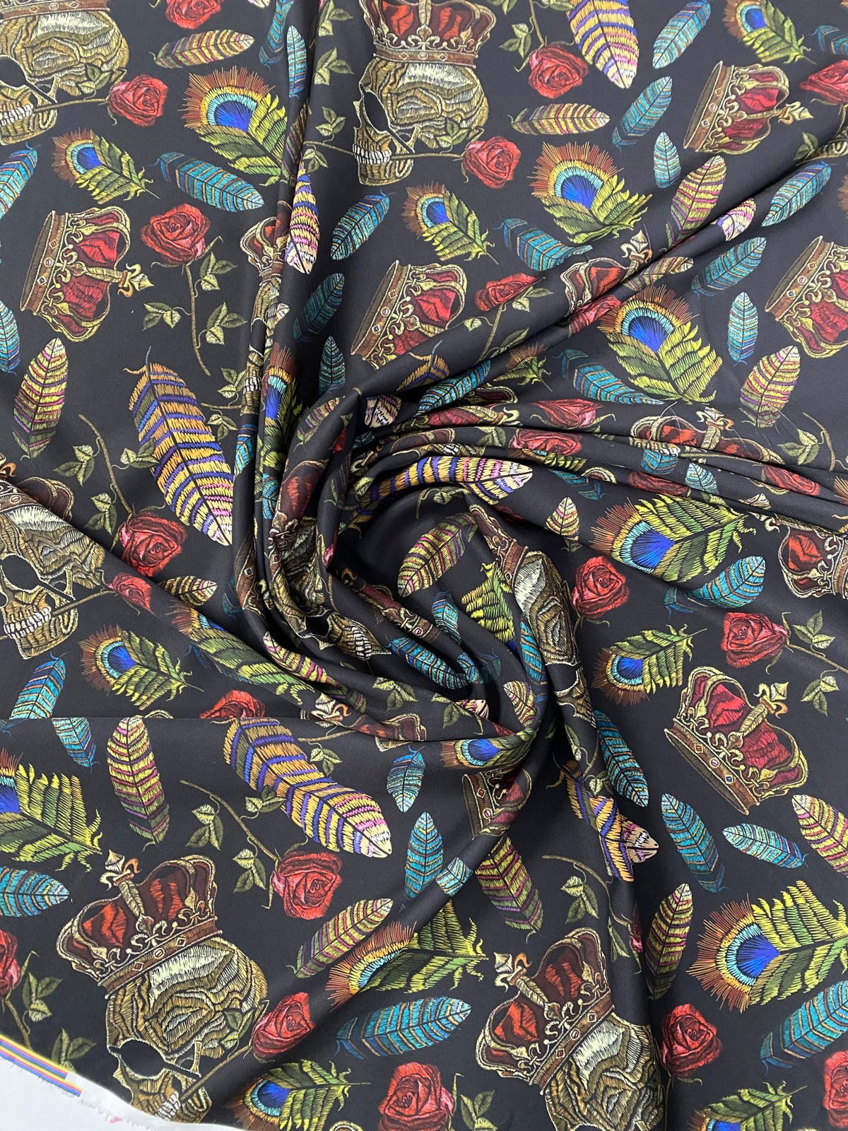 Skull & Feather Print Crepe Fabric by the Metre – Edgy Style - Whotex Fabrics London