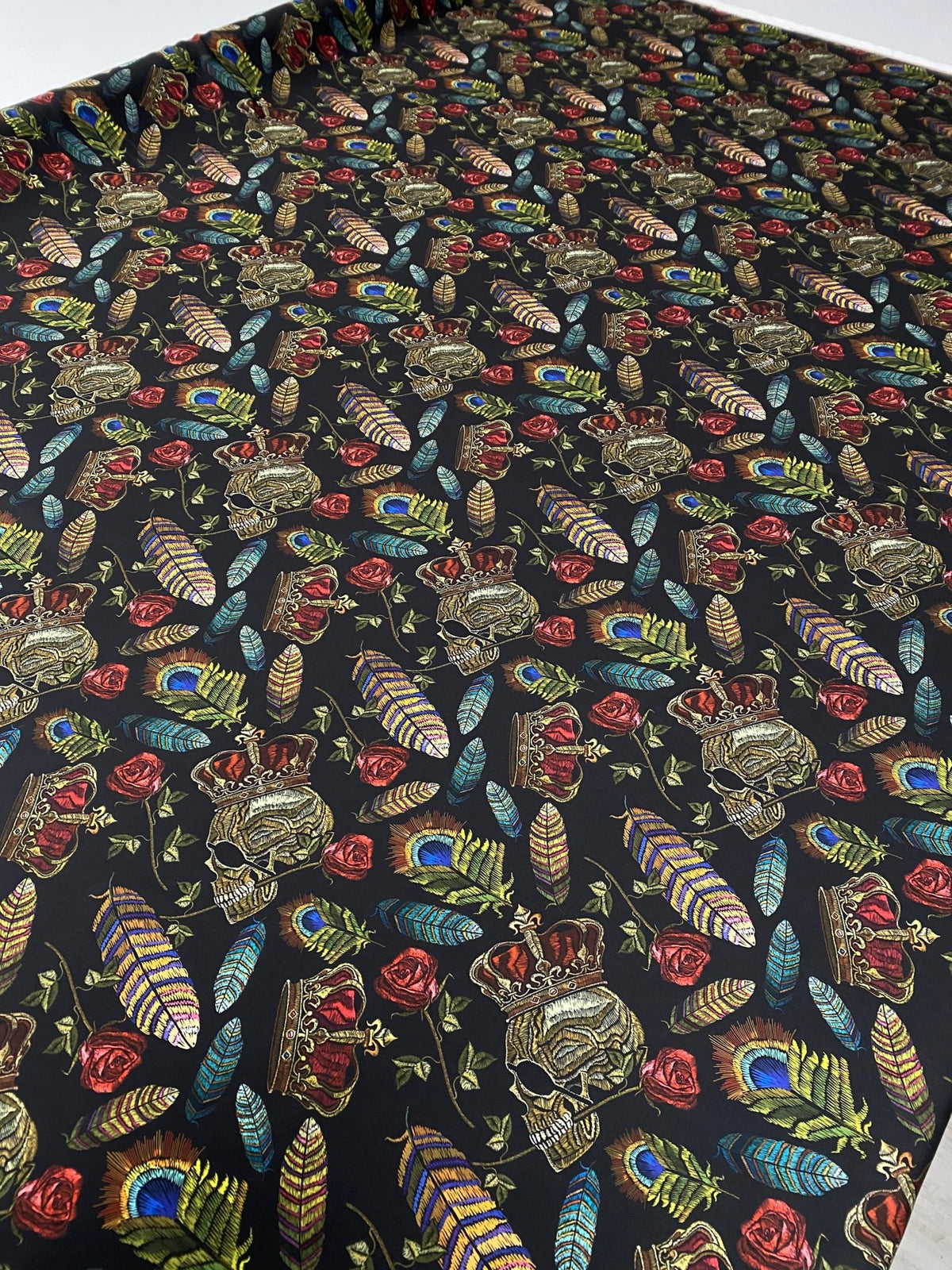 Skull & Feather Print Crepe Fabric by the Metre – Edgy Style - Whotex Fabrics London