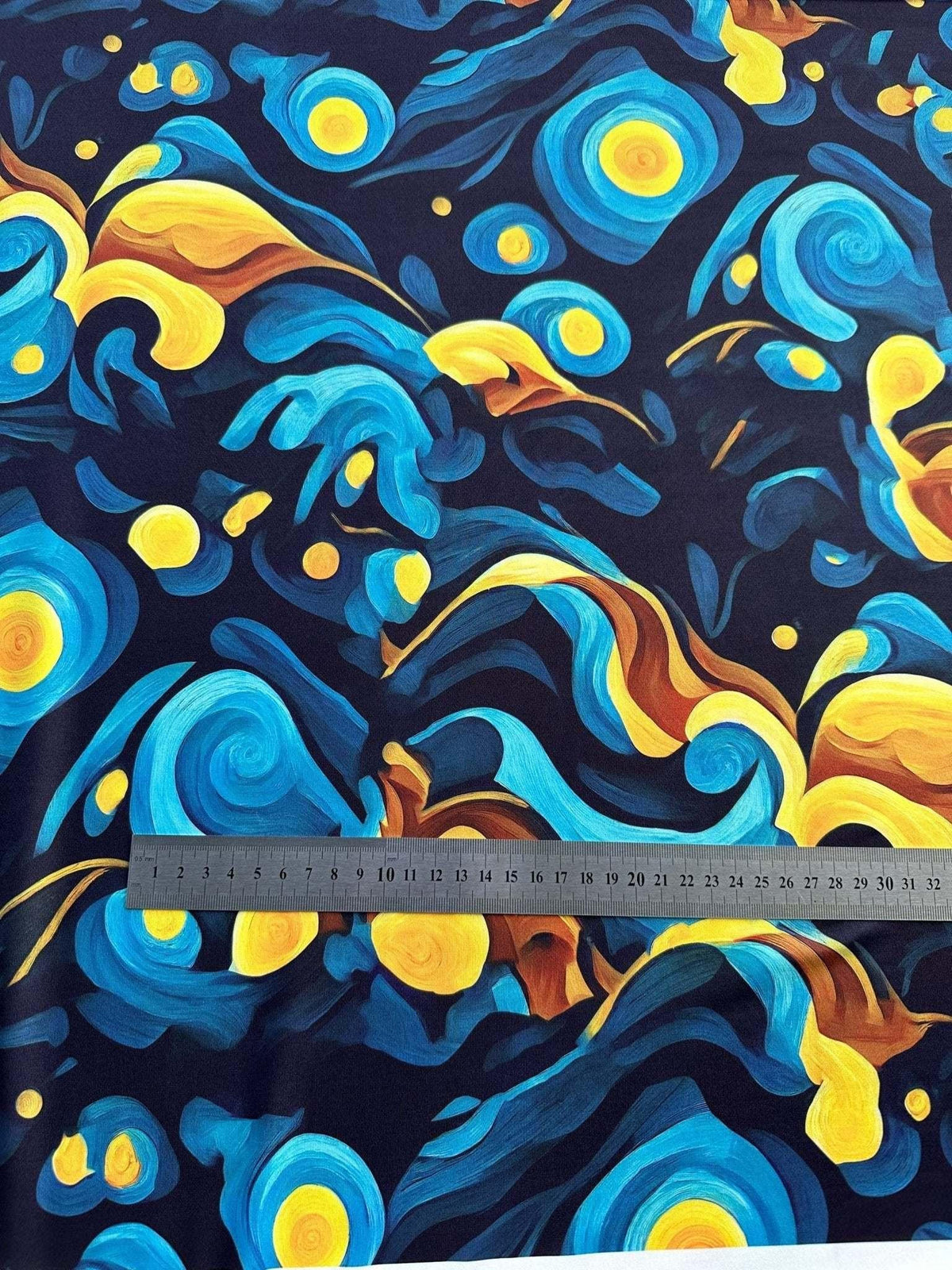 Blue and yellow Van Gogh style spandex fabric with swirling patterns and measuring ruler for scale