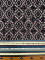 Burgundy and black geometric tribal fabric with ethnic striped border design