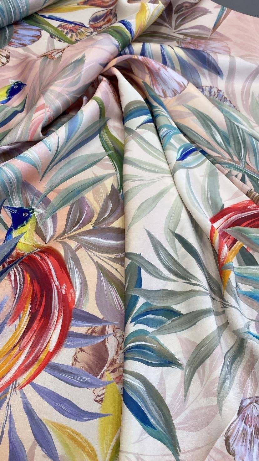 Colorful tropical bird and leaf print fabric with soft texture and 150cm width