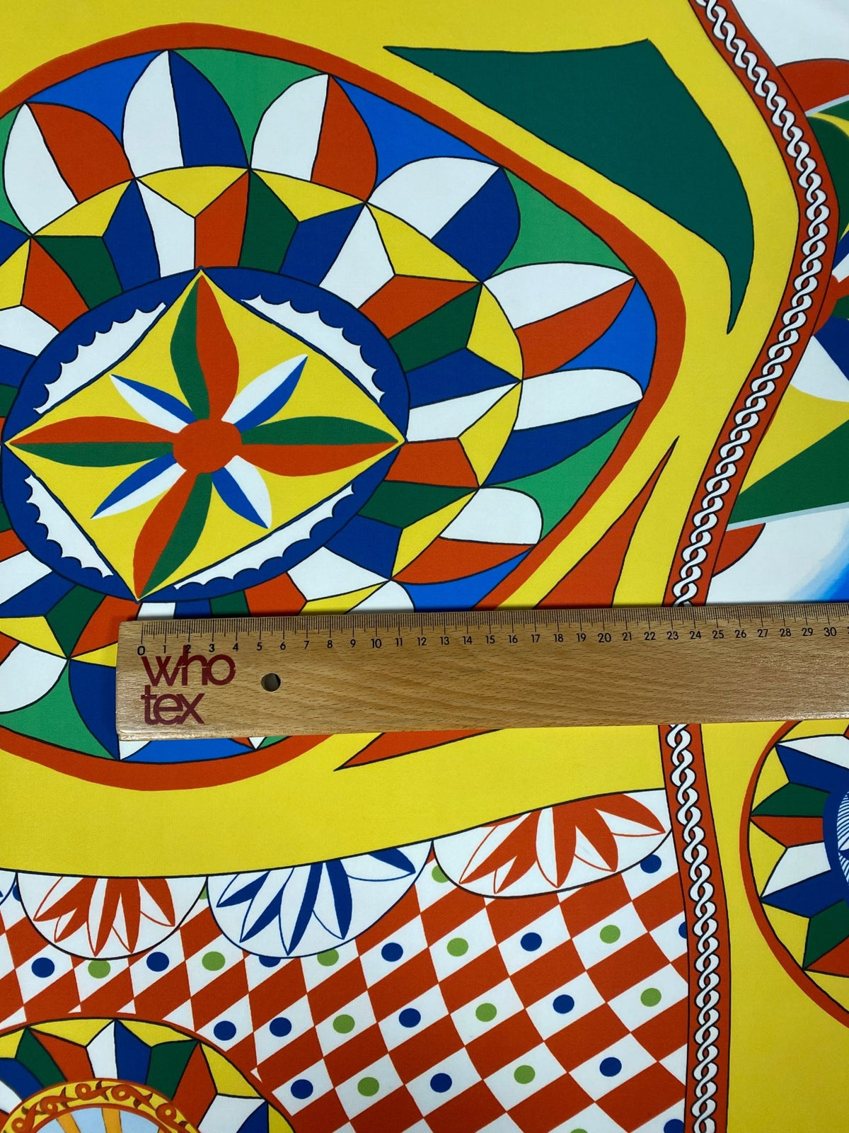 Vibrant Geometric Crepe Fabric by the Metre – Yellow Mediterranean Mosaic - Whotex Online Fabric Store