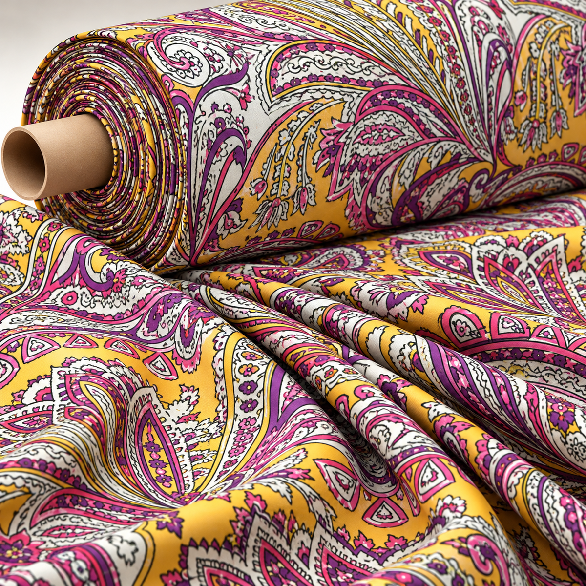 Vibrant Pink & Yellow Paisley Fabric by the Metre - Whotex Fabrics London