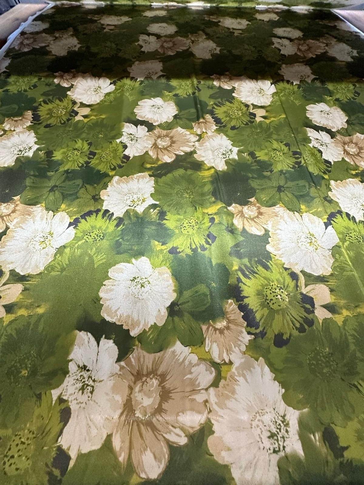 green watercolor floral fabric with white and beige flowers for sewing and crafts